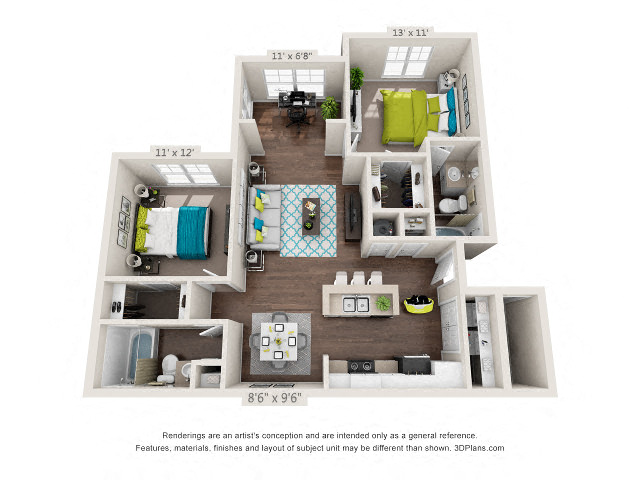 Floor plan for 2 beds, 2 baths, 1080 sqft